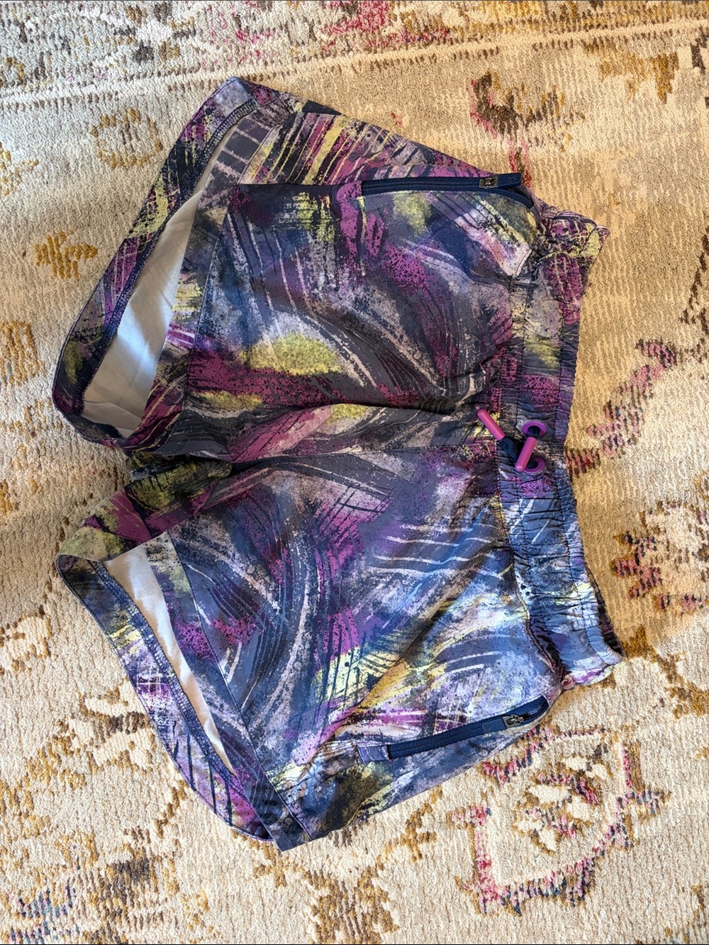 Athleta x Simone Biles Abstract Print Athletic Shorts in Purple, Black & Yellow